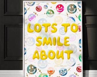 Veel om te lachen print, kleurrijke smileykunst aan de muur, poster met positieve quote, kinderkamerdecoratie, vrolijke digitale download