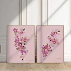 Cherry Blossom Print Set Of 2, Minimalist Floral Wall Art, Printable Blush Pink Sakura Watercolor, Bedroom Art Above Bed, Digital Download