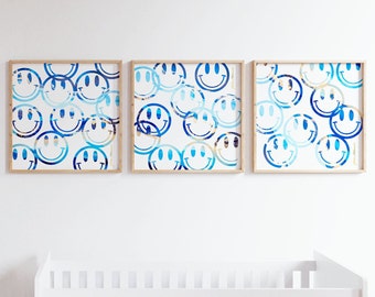 Set of 3 Smiley Face Prints, Triptych, Nursery Prints, Printable Wall Art, Digital Download, Dorm Room Prints, Smiley Face Print, Y2K