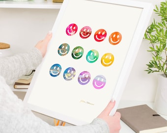 Impresión de cara sonriente de arcoíris, impresiones para guardería, arte de pared imprimible, descarga digital, impresiones para dormitorio, impresión de cara sonriente, decoración de dormitorio
