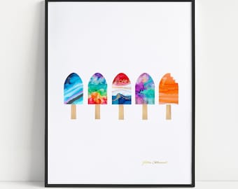 Popsicle Art, Watercolor Popsicle, Ice Cream Decor, Kitchen Decor, Ice Cream Party, Kitchen Wall Art, Digital Download, Summer Treat