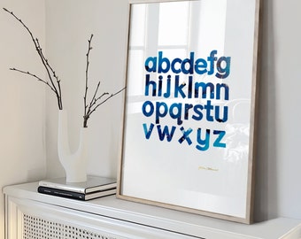 Art mural alphabet bleu, décoration de chambre d'enfant imprimable (téléchargement numérique)
