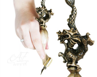 Ergonomic Oblique Pen Holder & stand - GOLDEN IMPERIAL DRAGON