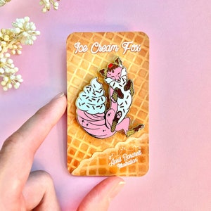 Strawberry Fudge Ice Cream Fox Enamel Pin: Kawaii Dessert Accessory