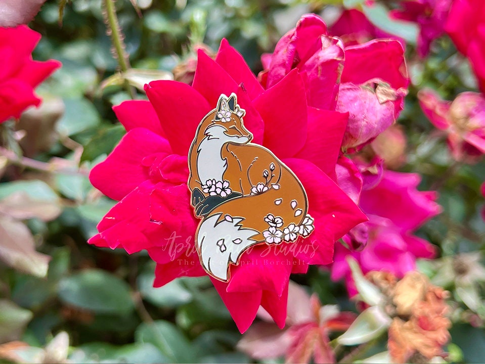 ◆桜❀◆ Cherry Blossom Sakura Fox Enamel Pin Spring Time Accessory