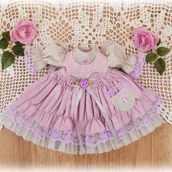 Lilac gray dress with pocket for Little Darling D. Effner doll 13", doll clothes, the ruffle dress, two-layer doll clothes, fits Paola Reina