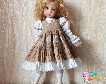 Beige and white dress in a rustic style with embroidery for Little Darling Dianna Effner doll 13