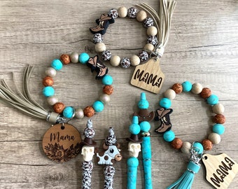 Country western mama women's Keychain with custom wooden key tags and matching tassel, Keychains, wristlet