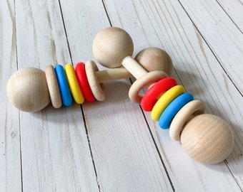 rainbow wooden rattle with silicone rings, baby montessori toy, CPSIA COMPLIANT