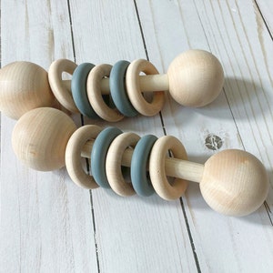 baby montessori wooden rattle silicone rings, black & white, gender neutral baby rattle gift, montessori toy image 2