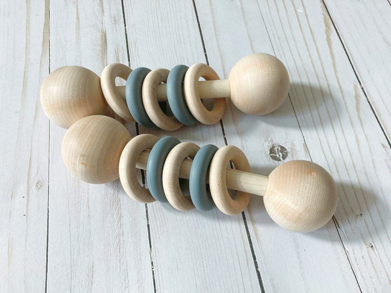 baby montessori wooden rattle silicone rings, black & white, gender neutral baby rattle gift, montessori toy image 2