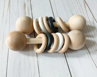 Easter basket stuffer, baby montessori wooden rattle silicone rings, black & white, gender neutral baby rattle gift, montessori toy