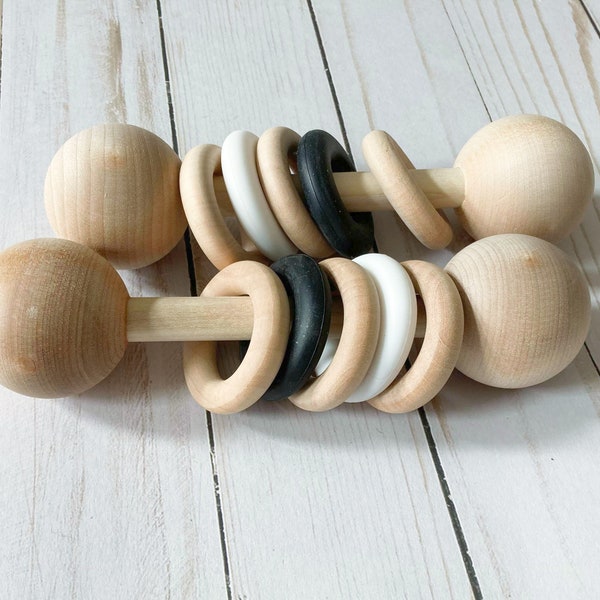 baby montessori wooden rattle silicone rings, black & white, gender neutral baby rattle gift, montessori toy