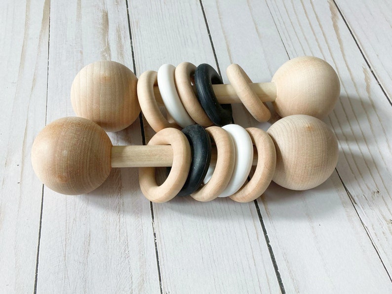 baby montessori wooden rattle silicone rings, black & white, gender neutral baby rattle gift, montessori toy image 1