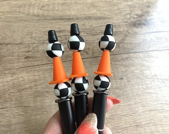 Racetrack Checkered Flag and Cone Custom Pen, Race car Pen, Weighted Beaded Pens, Journaling Pen, Custom Pen Gift