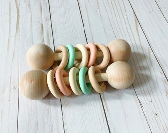 gender neutral wooden rattle with silicone rings, baby rattle toy, gender neutral baby gift, baby montessori toy