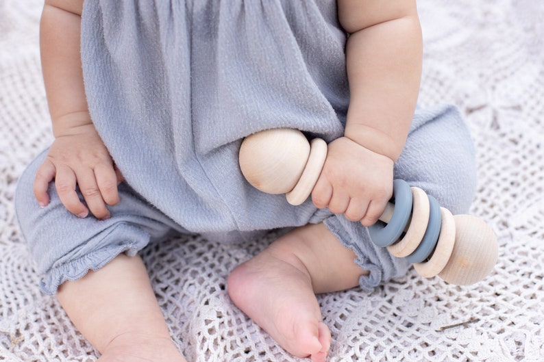 baby montessori wooden rattle silicone rings, black & white, gender neutral baby rattle gift, montessori toy image 5