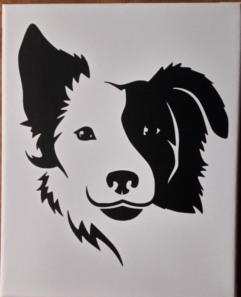 May include: A black and white graphic of a dog's face, likely a Border Collie, on a white canvas. The dog's face is split down the middle, with one side black and the other white. The dog's features are clearly defined.