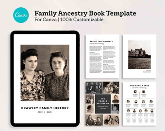 Może przedstawiać: Cyfrowy szablon książki genealogicznej, z czarno-białym zdjęciem dwóch kobiet, drzewem genealogicznym, linią czasu wydarzeń i mapą. Szablon jest przeznaczony do użytku z Canva i jest w 100% konfigurowalny.