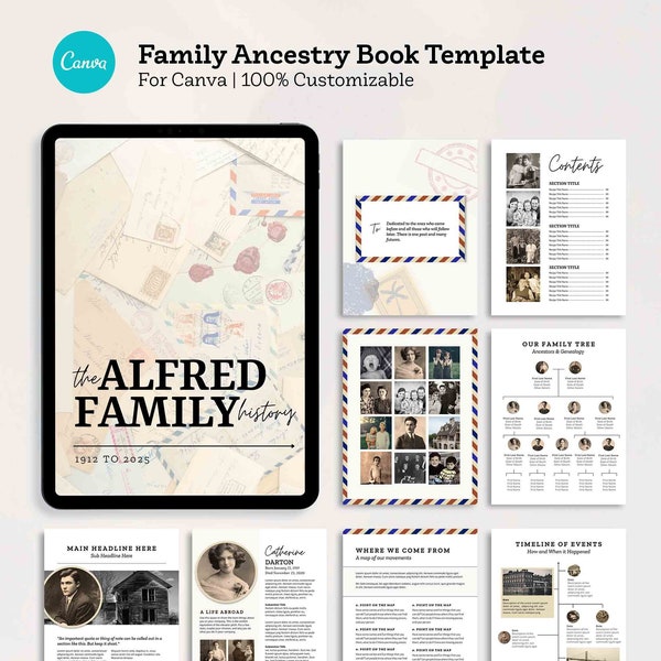 Ancestry Book Template | Family Tree Family History and Genealogy Printable Book | iPad | Canva | Vintage Postcard