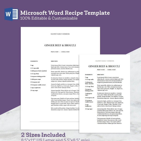 Microsoft Word Printable Recipe Template - 8.5"x11" & 5.5"x8.5" Instant Download Cookbook Template for Recipe Binder Customized Digital
