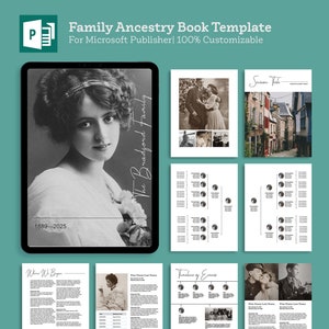May include: A digital template for a family ancestry book, designed for Microsoft Publisher. The template features a black and white photo of a woman, a timeline of events, a section for notable events, and a section for family members. The template is customizable and includes the text "Family Ancestry Book Template" and "For Microsoft Publisher | 100% Customizable".