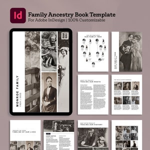 May include: A digital template for creating a family ancestry book. The template includes a family tree, timeline, biographies, and a world map. The template is customizable and can be used to create a unique and personal family history book.