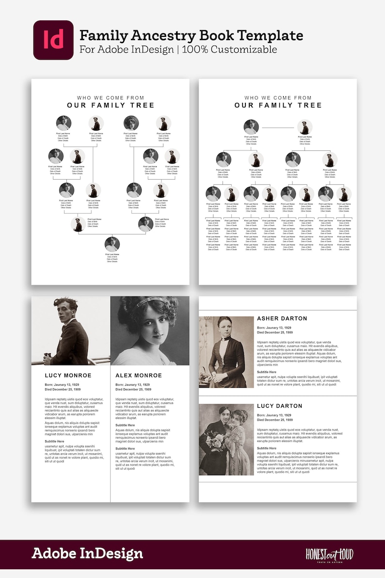 Op de afbeelding: Een zwart-witte stamboom sjabloon voor Adobe InDesign. De sjabloon bevat ruimte voor namen, data en foto's. De tekst "Who We Come From Our Family Tree" staat bovenaan de sjabloon.