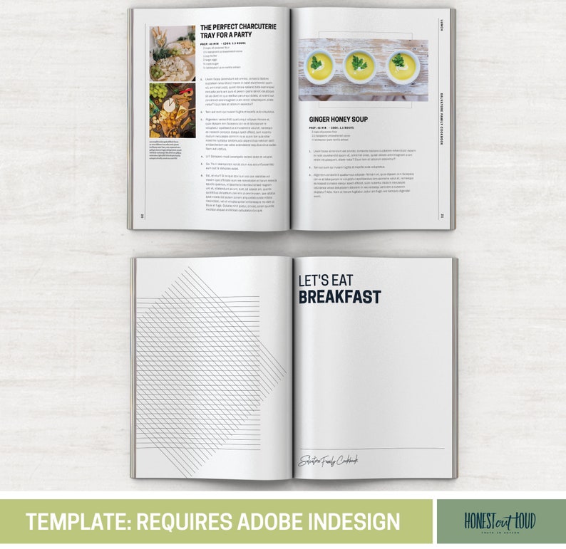 K&ouml;nnte beinhalten: Offenes Kochbuch mit wei&szlig;em Hintergrund und schwarzem Text. Der Titel des Kochbuchs lautet "Let's Eat Breakfast". Die Seite hat ein schwarz-wei&szlig;es geometrisches Muster auf der linken Seite.