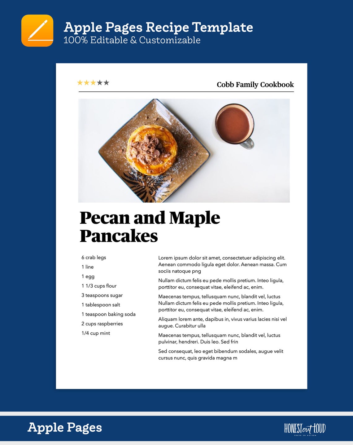 Recipe Template for Apple Pages Letter 8.5"x11", Half Page 5.5"x8.5