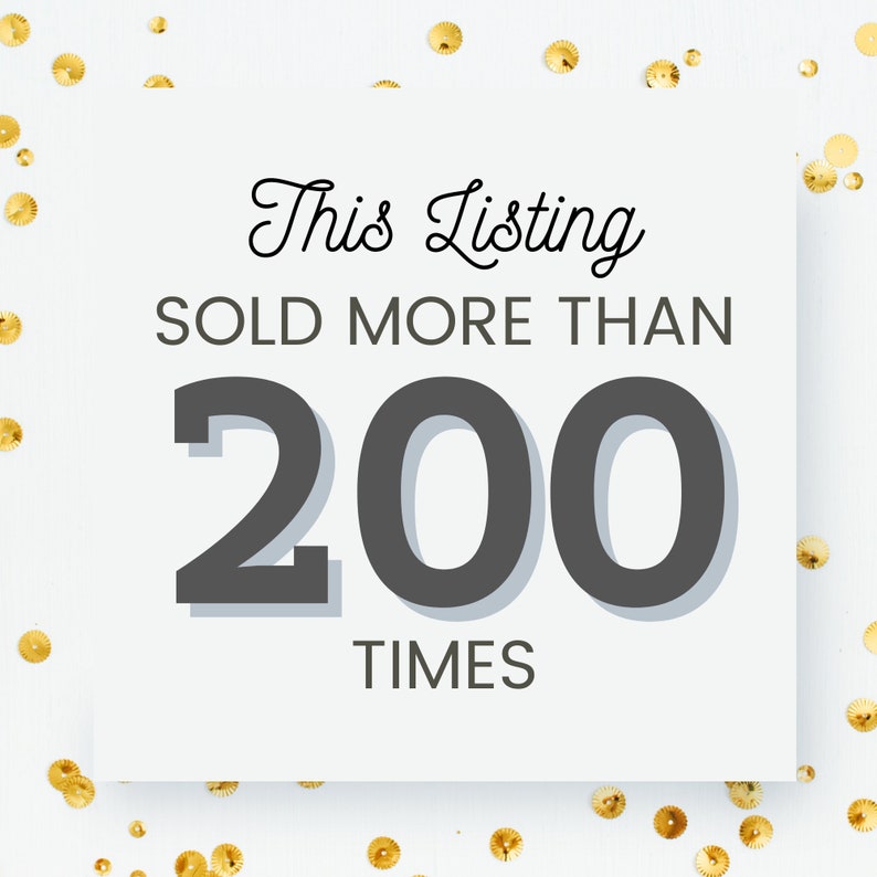 May include: White card with black text that reads "This Listing Sold More Than 200 Times". The card is surrounded by gold confetti on a white background.