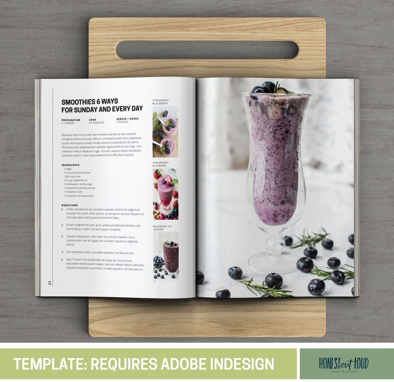 K&ouml;nnte beinhalten: Eine Zeitschriftenseite mit einem Rezept f&uuml;r einen Blaubeersmoothie. Das Rezept enth&auml;lt Zutaten und Anweisungen. Das Bild zeigt ein Glas Blaubeersmoothie mit Blaubeeren und Rosmarinzweigen drumherum.