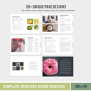 K&ouml;nnte beinhalten: Ein Satz von 50 einzigartigen Seitendesigns f&uuml;r ein Kochbuch. Die Designs zeigen eine Vielzahl von Speisen- und Getr&auml;nkeabbildungen, darunter einen Smoothie, einen Donut, ein Zitronen-Basilikum-Getr&auml;nk und ein Kaffeegetr&auml;nk. Der Text "50+ UNIQUE PAGE DESIGNS" und "TEMPLATE: REQUIRES ADOBE INDESIGN" ist im Bild sichtbar.