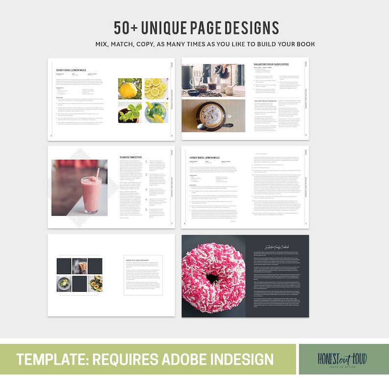 K&ouml;nnte beinhalten: Ein Satz von 50 einzigartigen Seitendesigns f&uuml;r ein Kochbuch. Die Designs zeigen eine Vielzahl von Speisen- und Getr&auml;nkeabbildungen, darunter einen Smoothie, einen Donut, ein Zitronen-Basilikum-Getr&auml;nk und ein Kaffeegetr&auml;nk. Der Text "50+ UNIQUE PAGE DESIGNS" und "TEMPLATE: REQUIRES ADOBE INDESIGN" ist im Bild sichtbar.