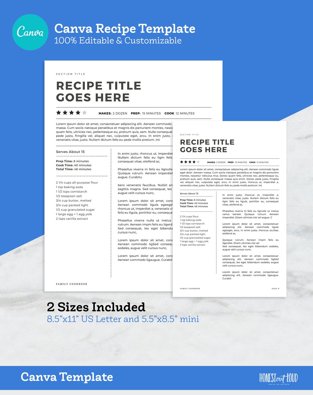 Canva Recipe Family Cookbook Printable Template - US Letter 8.5x11 & 8. ...