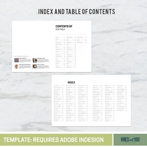 K&ouml;nnte beinhalten: Eine schwarz-wei&szlig;e Vorlage f&uuml;r ein Inhaltsverzeichnis und ein Stichwortverzeichnis f&uuml;r ein Kochbuch. Die Vorlage erfordert Adobe InDesign und enth&auml;lt den Text "TEMPLATE: REQUIRES ADOBE INDESIGN" und "HONESTout LOUD" am unteren Rand.
