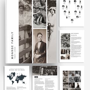 Op de afbeelding: Een zwart-witte familie fotoalbum sjabloon voor Adobe InDesign. De sjabloon bevat een stamboom, een wereldkaart en ruimte voor foto's en tekst. De sjabloon is aanpasbaar en kan worden gebruikt om een uniek en persoonlijk familiegeschiedenisboek te maken.