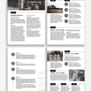 Op de afbeelding: Een zwart-witte sjabloon voor een familiegeschiedenisboek voor Adobe InDesign. De sjabloon heeft een aanpasbaar ontwerp met secties voor foto's, datums en gebeurtenissen. De tekst "Family Ancestry Book Template" en "For Adobe InDesign | 100% Customizable" wordt bovenaan de pagina weergegeven.