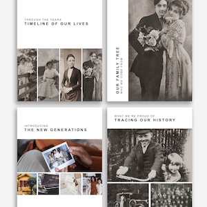 Op de afbeelding: Een sjabloon voor een familiegeschiedenisboek, ontworpen voor Adobe InDesign. De sjabloon bevat vier secties: "Door de jaren heen: Tijdlijn van ons leven", "Onze stamboom: Waar we vandaan komen", "Introductie van de nieuwe generaties" en "Waar we trots op zijn: Ons verleden traceren". Elke sectie bevat een collage van vintage foto's.