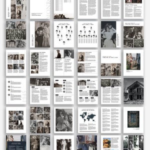 Op de afbeelding: Een zwart-witte afbeelding van een sjabloon voor een familiegeschiedenisboek voor Adobe InDesign. De sjabloon bevat een verscheidenheid aan lay-outs voor foto's, tekst en stambomen. De tekst op de omslag luidt "Sjabloon voor familiegeschiedenisboek voor Adobe InDesign | 100% aanpasbaar".