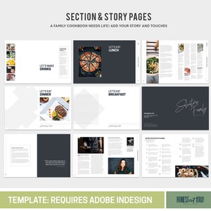 K&ouml;nnte beinhalten: Eine Kochbuchvorlage mit einem schwarz-wei&szlig; gestreiften Muster, einem schwarzen Hintergrund mit dem Text "Let's Eat Lunch" und einem schwarzen Hintergrund mit dem Text "Salvatore Family". Die Vorlage erfordert Adobe InDesign.