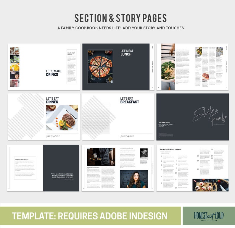 K&ouml;nnte beinhalten: Eine Kochbuchvorlage mit einem schwarz-wei&szlig; gestreiften Muster, einem schwarzen Hintergrund mit dem Text "Let's Eat Lunch" und einem schwarzen Hintergrund mit dem Text "Salvatore Family". Die Vorlage erfordert Adobe InDesign.
