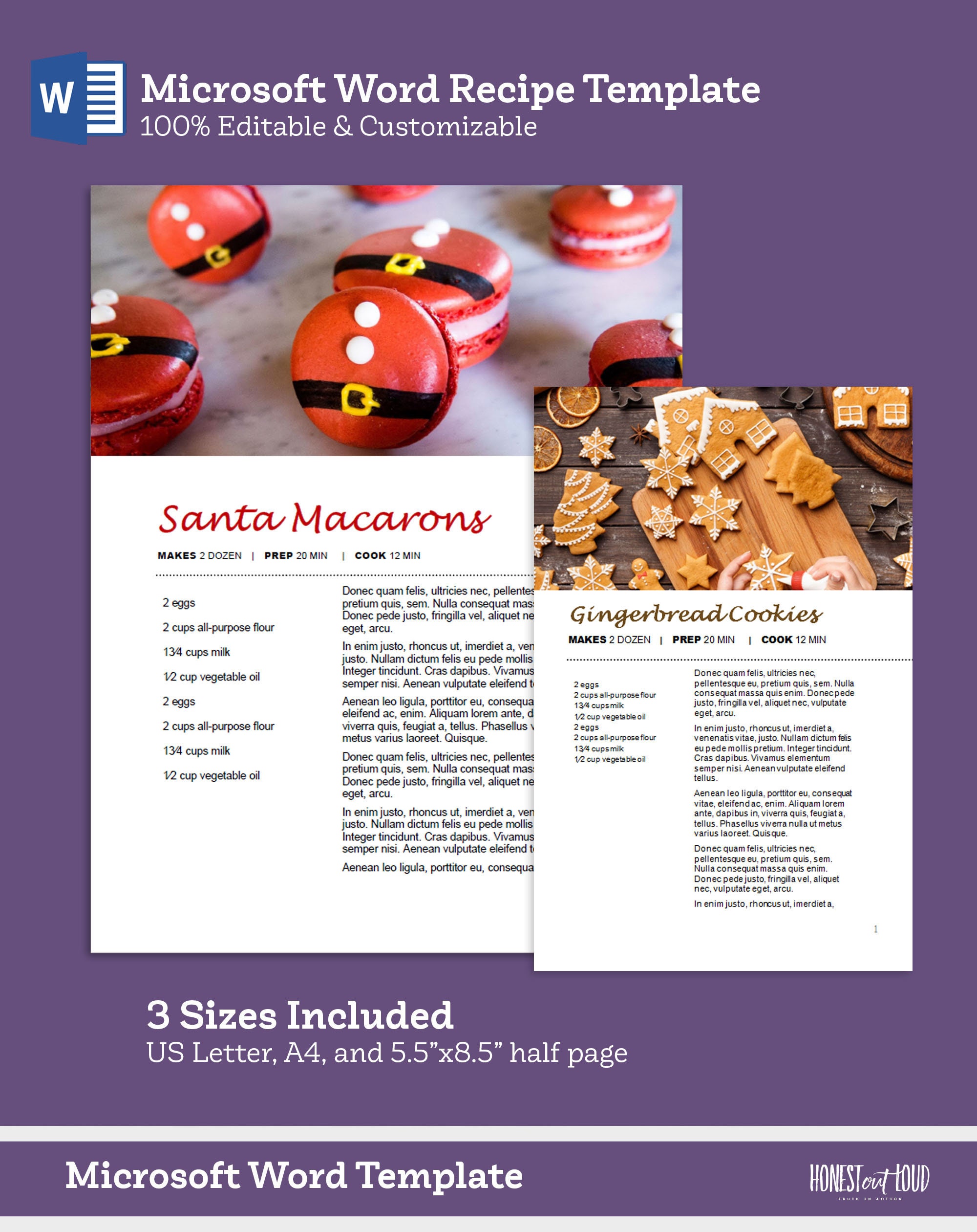 Christmas Recipe Template Printable Microsoft Word 8.5x11, Half Page