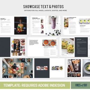 K&ouml;nnte beinhalten: Eine digitale Vorlage zum Erstellen eines Kochbuchs oder Rezeptbuchs mit Adobe InDesign. Die Vorlage bietet verschiedene Layouts zum Pr&auml;sentieren von Text und Fotos von Speisen. Der Text auf der Seite lautet "Showcase Text & Photos" und "Options for full pages, layouts, quotes, and more".