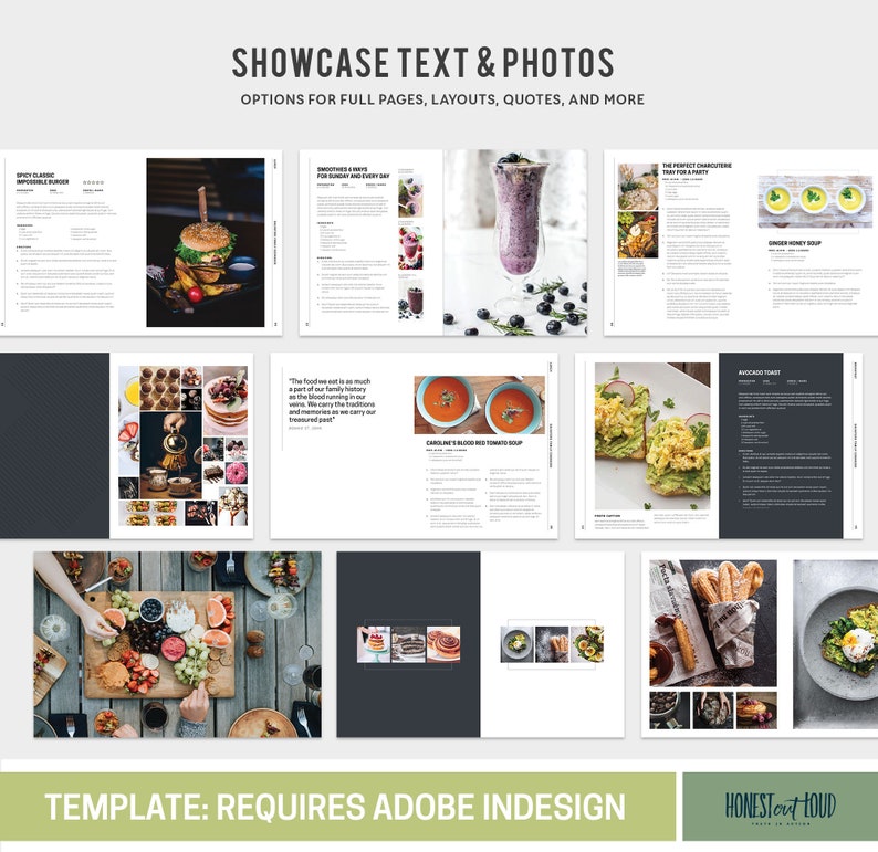 K&ouml;nnte beinhalten: Eine digitale Vorlage zum Erstellen eines Kochbuchs oder Rezeptbuchs mit Adobe InDesign. Die Vorlage bietet verschiedene Layouts zum Pr&auml;sentieren von Text und Fotos von Speisen. Der Text auf der Seite lautet "Showcase Text & Photos" und "Options for full pages, layouts, quotes, and more".