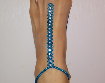 Elastic Foot Bling Turquoise beads White Diamontes Slave Anklet Toe Ring Barefoot Sandals beach wedding soleless sandals Boho body fashion