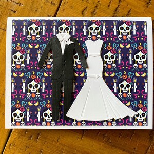 Carte de mariage le jour des morts, têtes de mort en sucre, cadeau de mariage, cadeau de douche nuptiale, cadeaux de couple