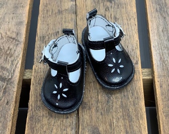 Black t strap shoes for 14 to 15 inch dolls. Silver buckle detail. All doll clothes and accessories are ready to ship