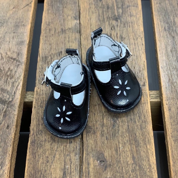 Black t strap shoes for 14 to 15 inch dolls. Silver buckle detail. All doll clothes and accessories are ready to ship