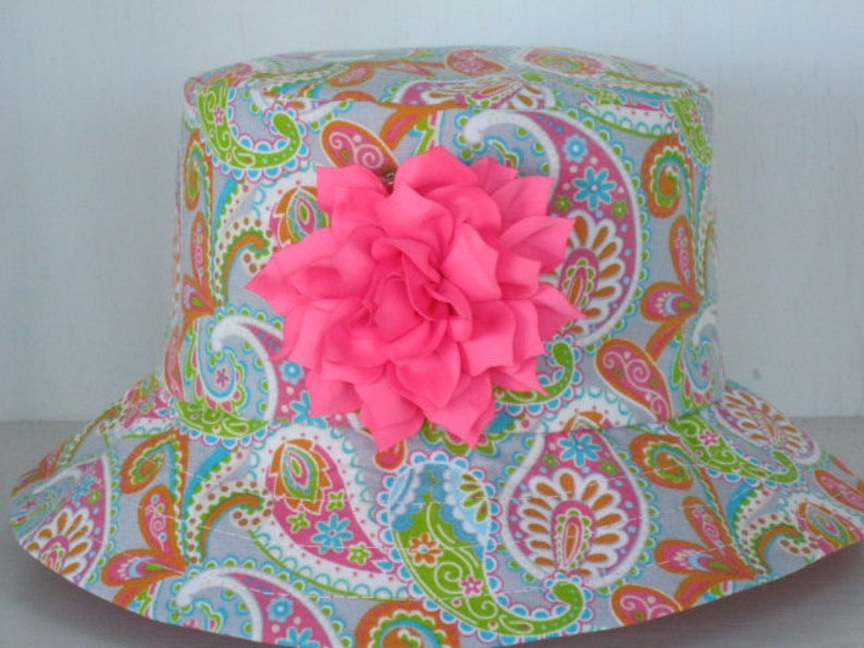 Green /& Teal Print Orange with White Polka Dot Brim Child/'s Size Medium Pink Girl/'s Wide Brim Cotton Sun Hat Gray